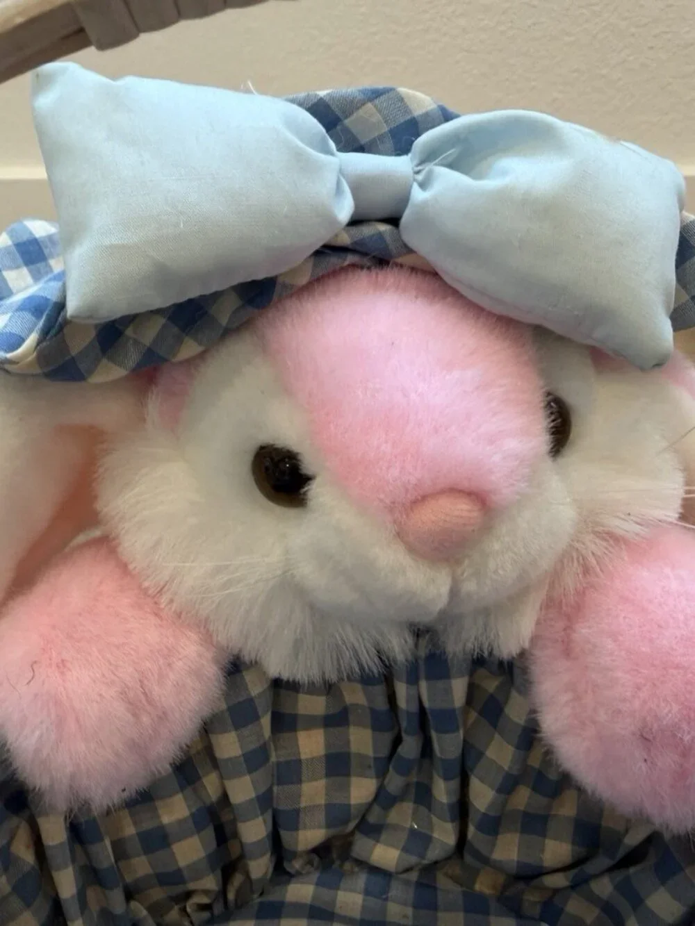 Vintage 90’s Joelson Industries Wicker Plush Easter Bunny Basket 8” Pink
